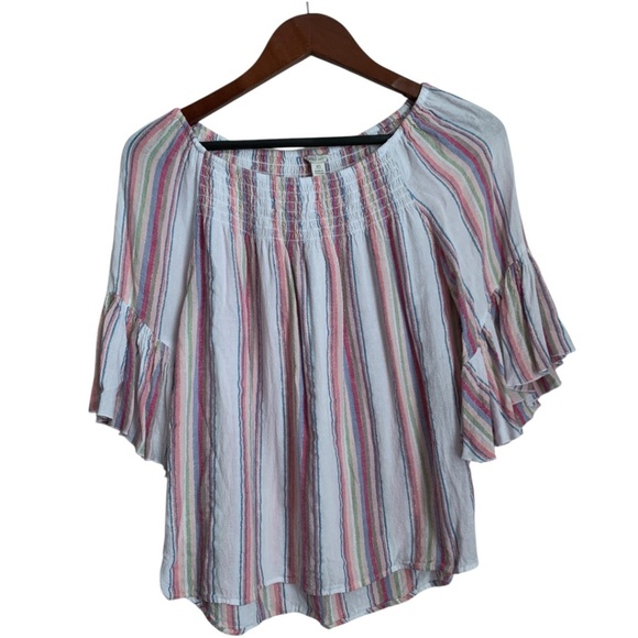 Cato Women's Blouse Size XS Linen Blend Stripes Ruffle Flare Sleeves - Picture 5 of 5